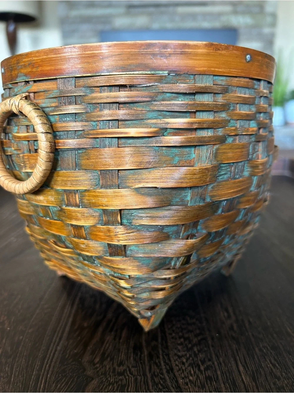 Vintage Handmade Split Wood Basket Planter Turquoise Patina Footed Boho Decor